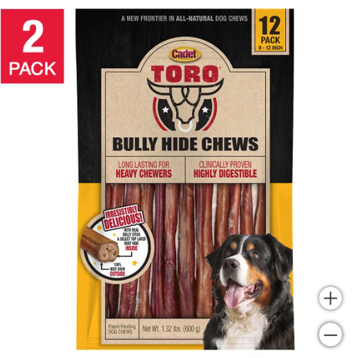 Load image into Gallery viewer, Cadet TORO Bully Hide Chews All-Natural Dog Chews 9-12&quot; 12-count, 2-pack
