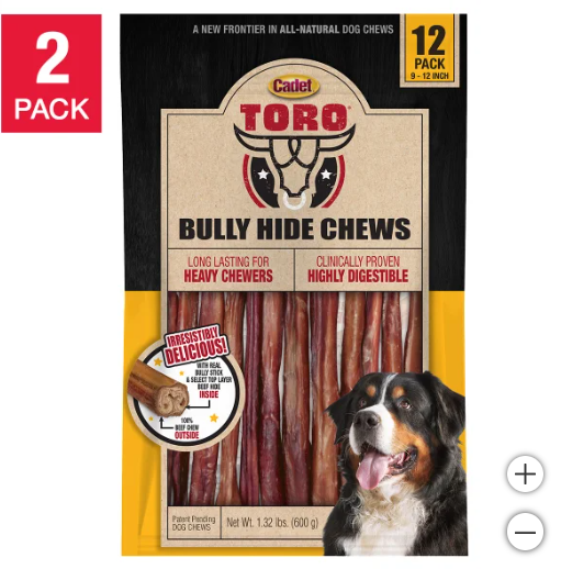 Cadet TORO Bully Hide Chews All-Natural Dog Chews 9-12" 12-count, 2-pack